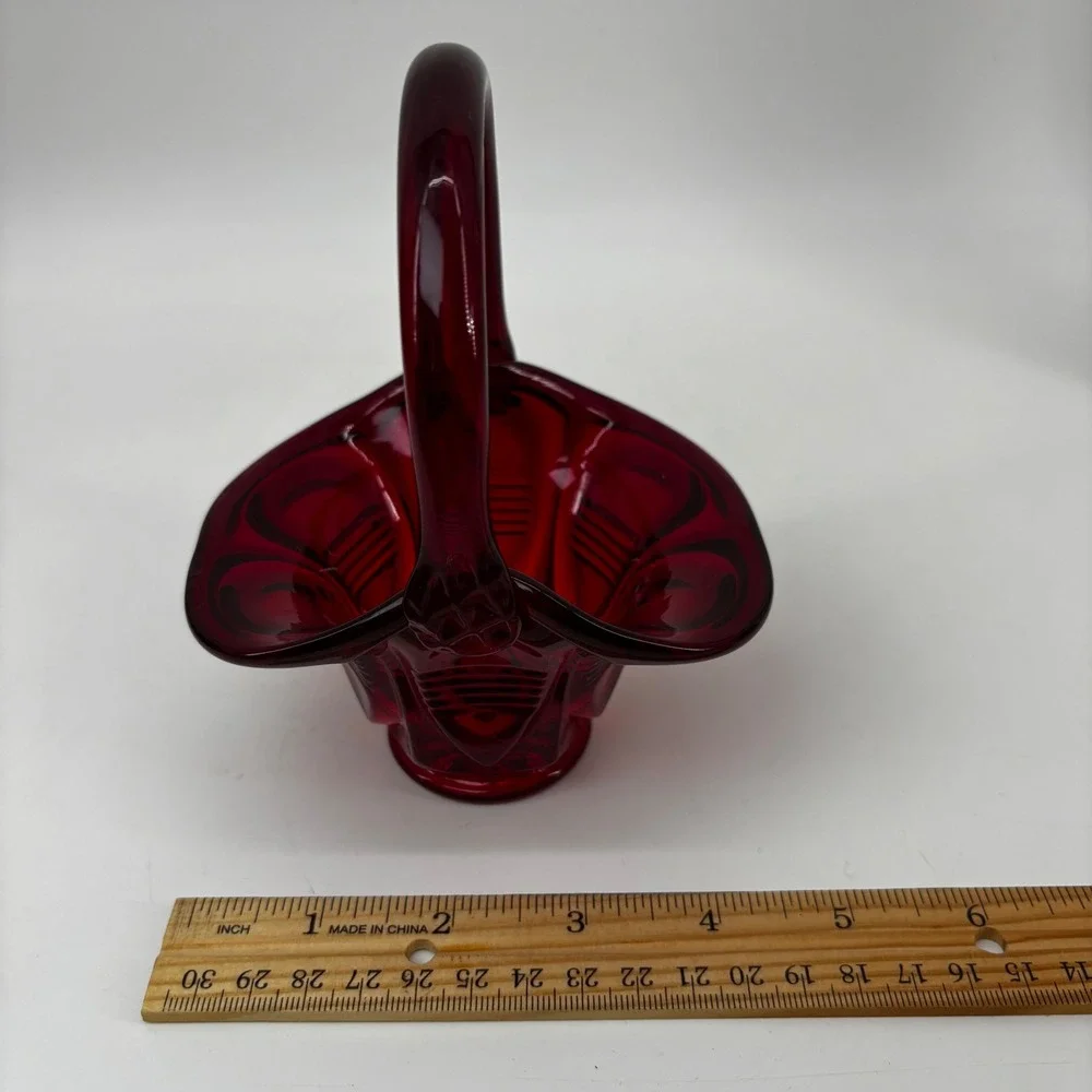 Vintage Ruby Red Glass Basket Pressed Pattern Scalloped Edge Applied Handle 6in